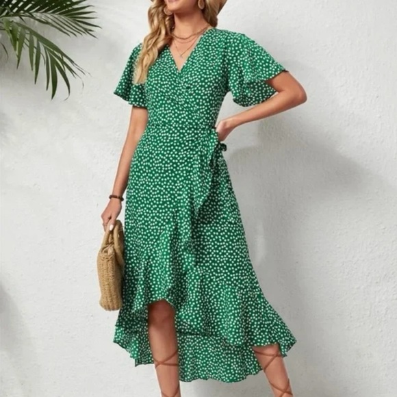 Aachoae Green Polka Dot Ruffle Dress. Ruffled short sleeve wrap dress Size XXL - Picture 7 of 7